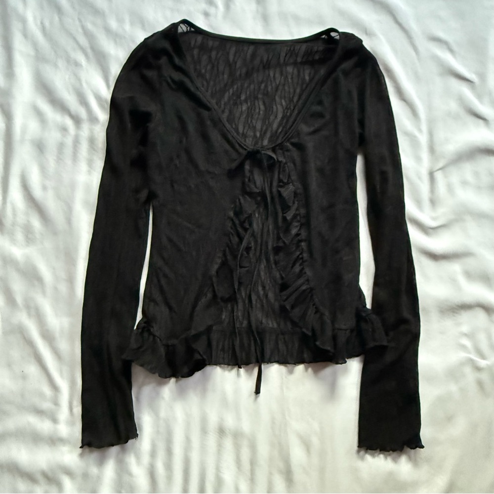 Mob Wife Black Ruffled Tie Front Long Sleeve Blouse size 4 great condition